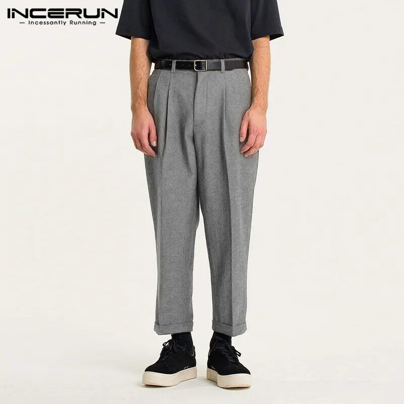 Man Casual Zipper หลวมกางเกง Streetwear INCERUN ชายตรงกางเกงกระโปรง Vintage สีทึบตรงกางเกง S-5XL