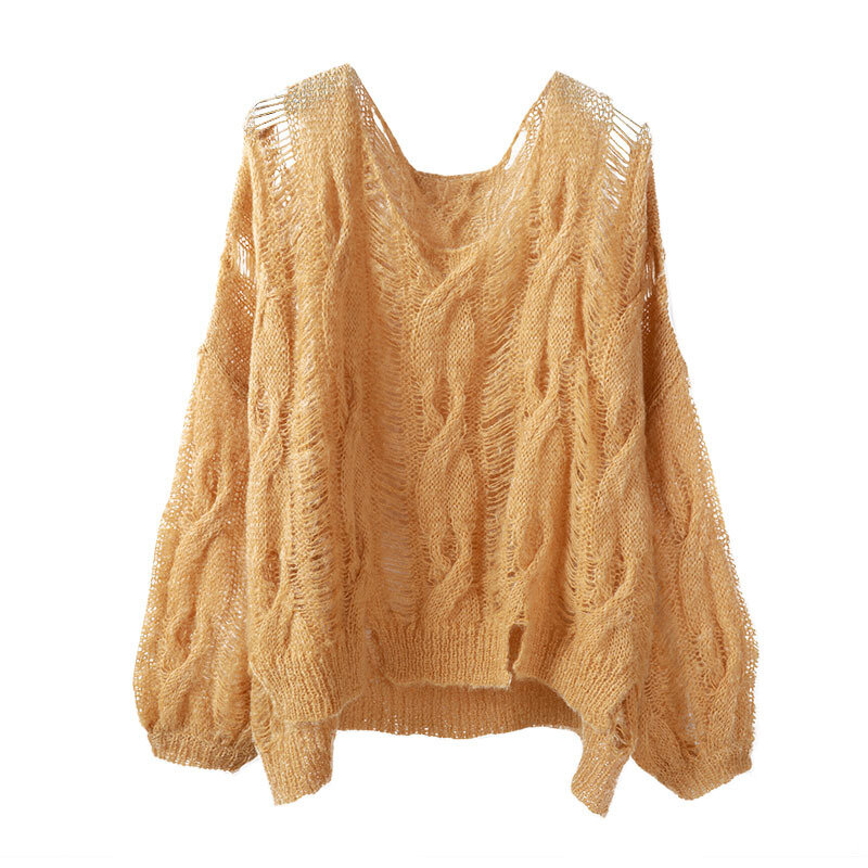 Suéter de gran tamaño para mujer, ropa de gran tamaño, Top de manga larga, suéter suave de Mohair con agujeros, otoño e invierno, 2021