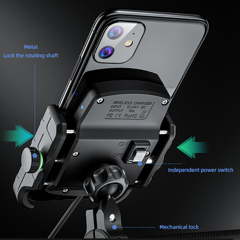Support de téléphone portable pour moto avec Charge sans fil QC3.0, Charge rapide, support de montage sur guidon pour GPS