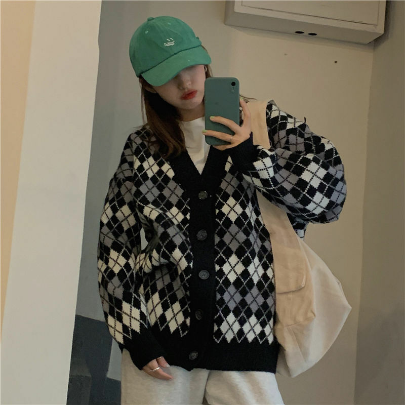 Kardigan Rajutan Wanita Lengan Panjang Argyle Sweater Korea Perempuan V-neck Belah Ketupat Kardigan Kotak-kotak Jaket Fashion Wanita Sweater