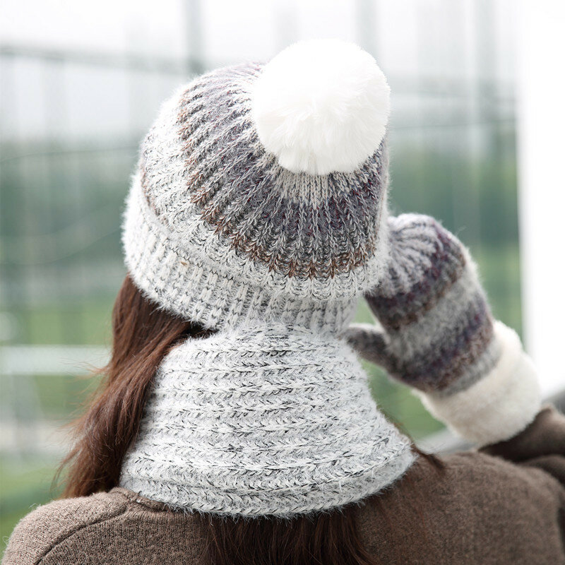Kobiety wełniany jesienno-zimowy moda dzianinowy, w paski trzyczęściowy garnitur dziki ciepły kaptur wełniany kapelusz szalik rękawiczki garnitur dziewczyny