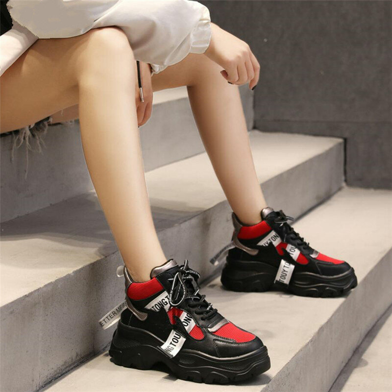 Zapatillas de deporte gruesas con plataforma para mujer, zapatos planos de suela gruesa a la moda, calzado de cuero, Primavera, 2020
