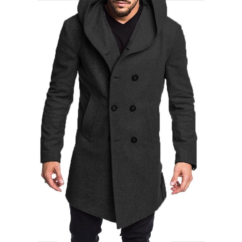 2021Spring Autumn Men's Woolen Blends Warm Casual Hooded Coat Men's Asymmetrical Hem Trench British Style Slim Solid Overcoats