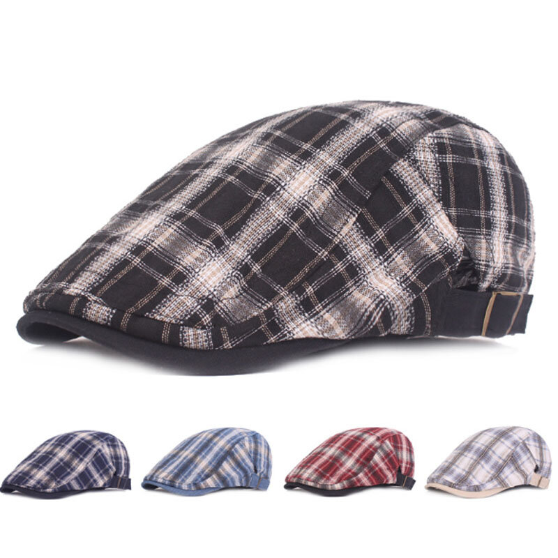 Moda sombreros de otoño primavera para hombres a cuadros algodón boina Gorras Planas Boinas gorra plana ajustable Boinas casquete