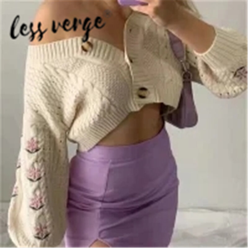 Lessverge Women Top rozpinany sweter pojedyncze jednorzędowe guziki w dół dekolt w serek Oversize przycięte wełniane swetry w stylu Vintage Street