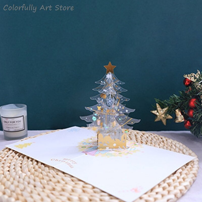 Tarjeta de árbol de Navidad Pop-up 3D, decoración para fiesta de cumpleaños, boda, San Valentín, postal cortada por láser, tarjeta de regalo