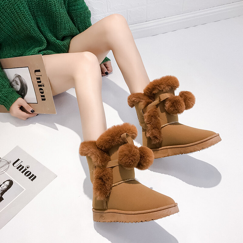 2022 New Warm Fur Women Snow Boots Cute Suede Winter Shoes Fur Ball Mid-Calf Boots Female Fashion Boots Non-Slip Snow Casual