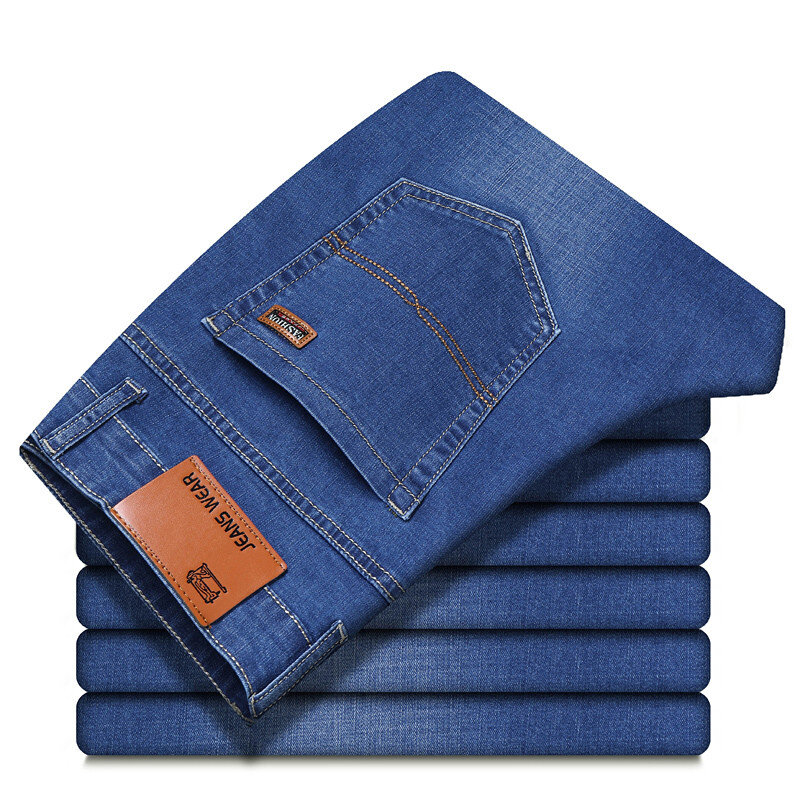 Brother wang calças de brim dos homens de negócios casual luz azul força elástica moda jeans calças masculinas da marca