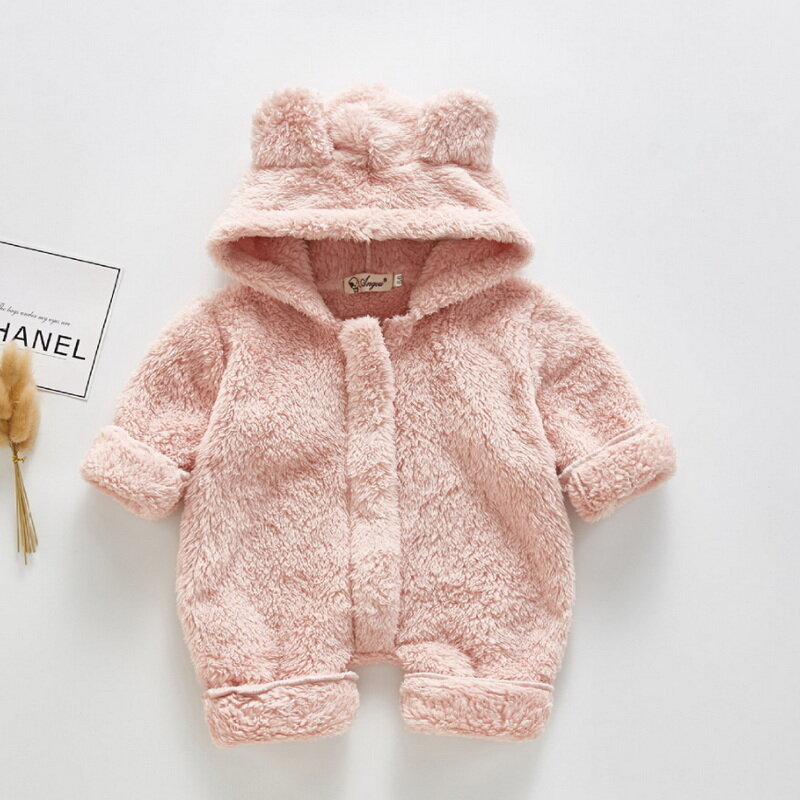 2021 Korean Style New Winter Baby Girls Boys Romper Pink White Coffee Long Sleeves Hooded Jumpsuit Baby Clothing 0-2 Years E403