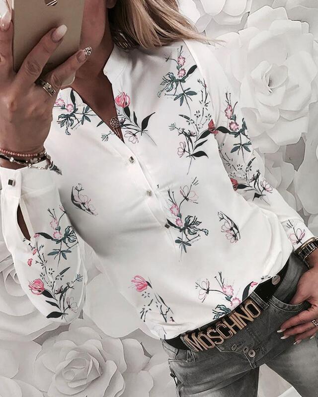 2020 nova camisa feminina floral com decote em v manga comprida impresso camisa primavera outono quente feminino casual blusa