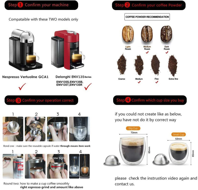 ICafilas GROßE & Kleine TASSE Espresso Capsulas ReusableNespresso Vertuoline & Vertuo Edelstahl Nachfüllbare Kaffee Filter Schoten