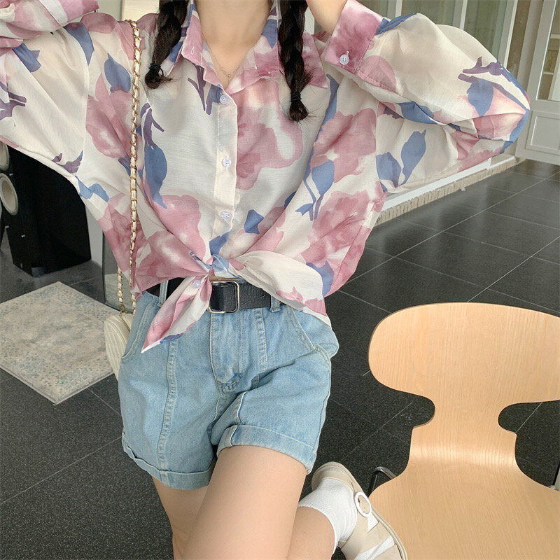 Shirts Womens Retro College Female Peach-printed Breathable Single-breasted Spring Button Straight Long-sleeve Vintage Chiffon