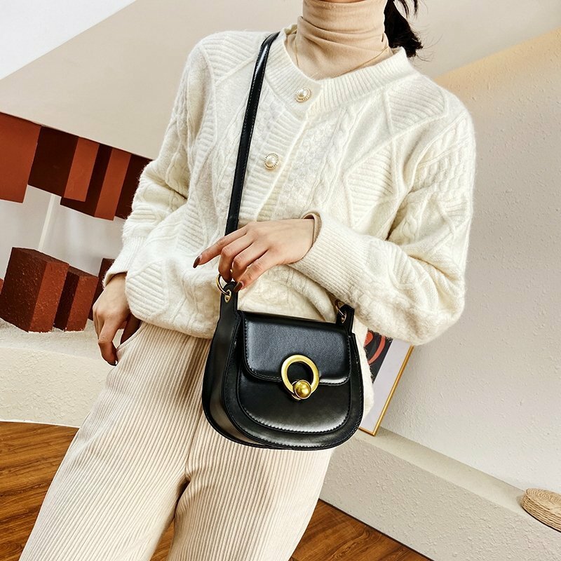 Solid Color Simple Saddle Bags for Women 2021 Fashion Handbag Lady High Quality PU Leather Flap Shoulder Bags Sac Epaule