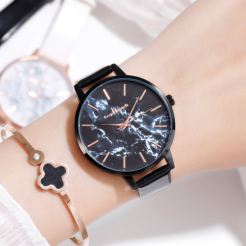 Reloj de pulsera con correa de cuero negro para mujer, cronógrafo de cuarzo de lujo con diseño creativo de mármol, regalo, envío directo