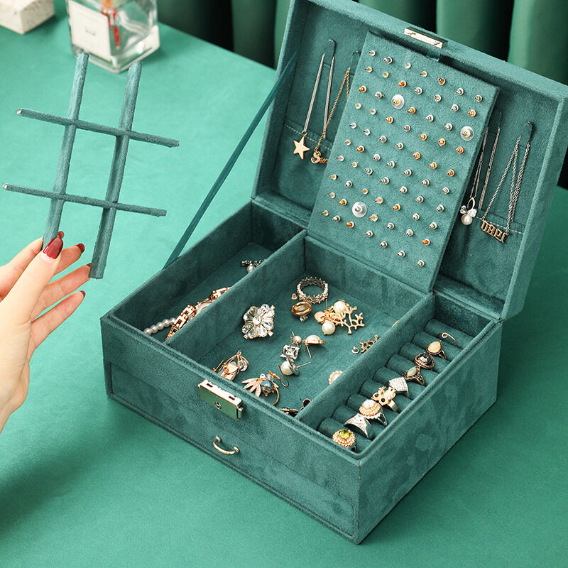Nova flannelette vintage caixa de jóias coreano caixa de armazenamento de jóias multi-camada grande capacidade caixa de jóias