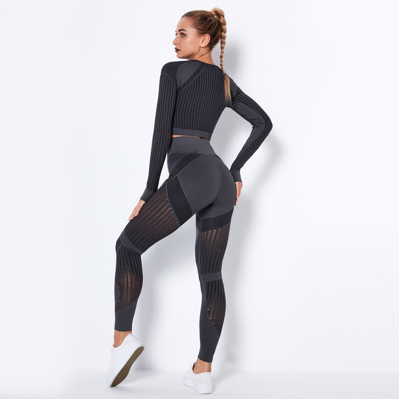 Pakaian Yoga Wanita Mulus 2 Buah Pakaian Olahraga Celana Ketat Pinggang Tinggi Celana Kebugaran Berongga Bergaris Set Yoga Pakaian Olahraga Kebugaran