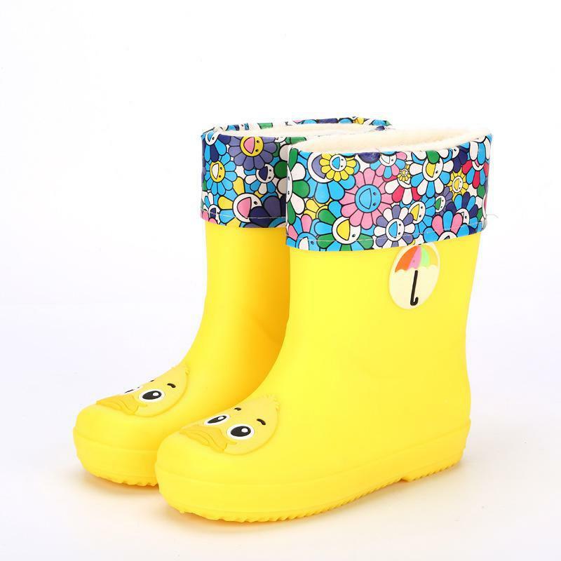 Непромокаемые ботинки из ПВХ для мальчиков и девочек, теплые резиновые непромокаемые сапоги, мультяшный рисунок, всесезонные, съемные