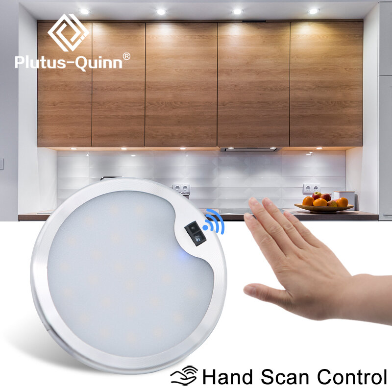 Hand Scan Control LED Under Cabinet Lamp DC12V Puck Round 24LEDs Hand Sweep Wardrobe Lighting Cabinet Lamp Cupboard Lights