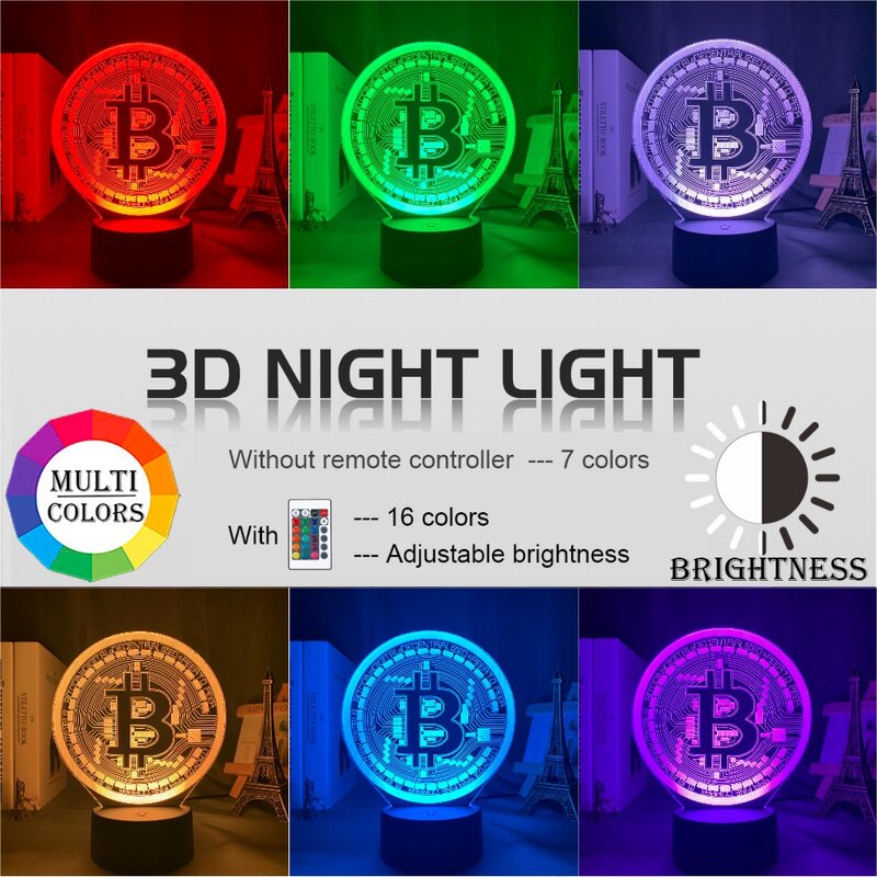 Akrylowa lampka nocna Led Bitcoin do pokoju dekoracyjna lampka nocna dotykowa 7 zmiana koloru zasilany z baterii lampka nocna 3d