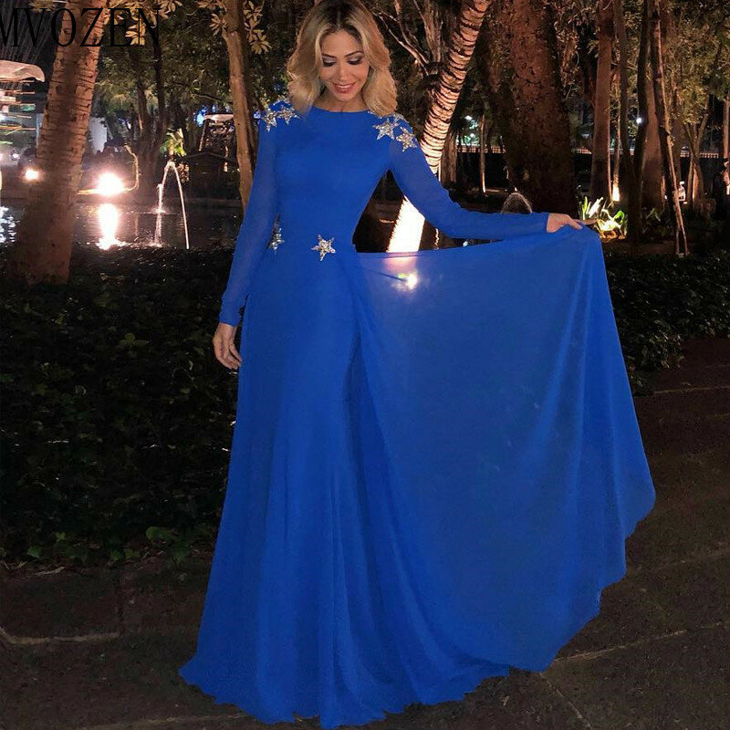 Blue Evening Dresses A-Line Jewel คอเต็มรูปแบบแขนเสื้อลูกไม้ Appliques Backless ความยาวชั้นอย่างเป็นทางการ Gowns ชุดราตรียาว