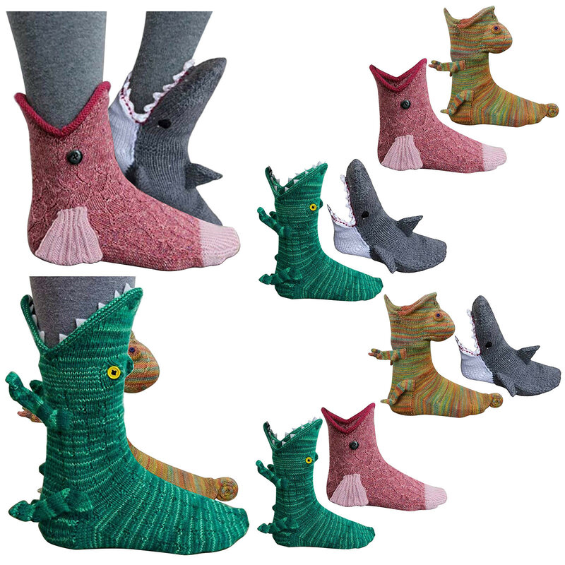 Funny Novelty Socks Winter Keep Warm Knitted Cuff Socks Crocodile Shark Bite Slippers Socks Animal Pattern Christmas Gifts L*5