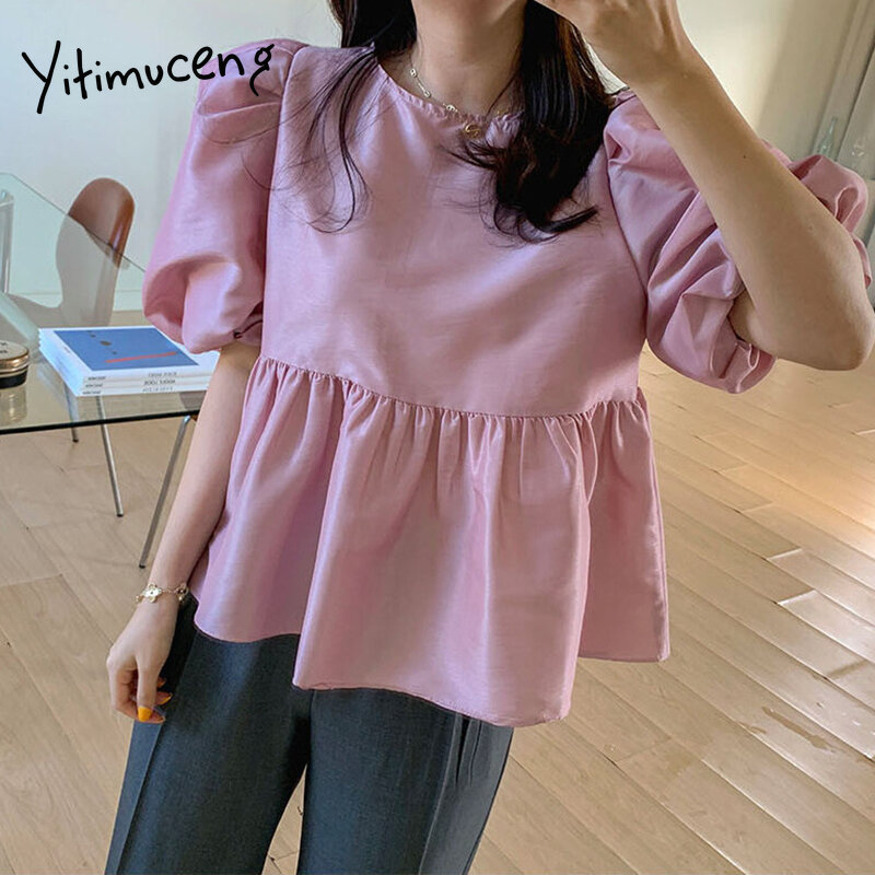 Yitimuceng بلوزة بسيطة النساء قمصان الطفل المتضخم الكورية موضة نفخة الأكمام مكتب سيدة المشمش الأسود الوردي بلايز 2021 الصيف
