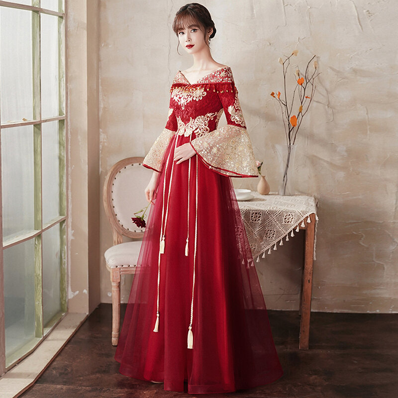 Chinese Women's Wedding Dress Wine Red-Summer Thin Style (Support Customized)