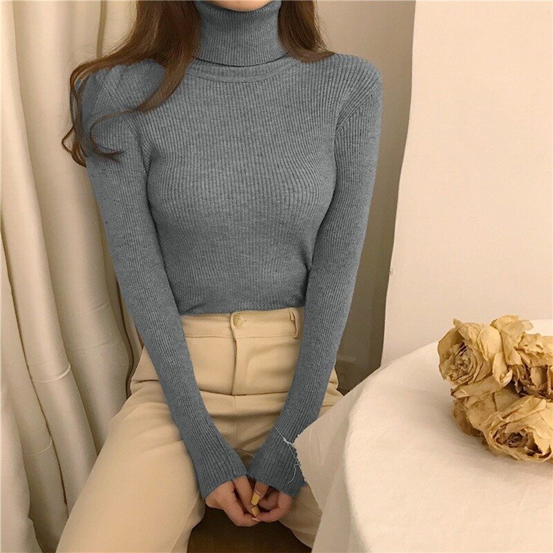 Suéter feminino gola alta, blusão feminino fino coreano casual básico suéter macio