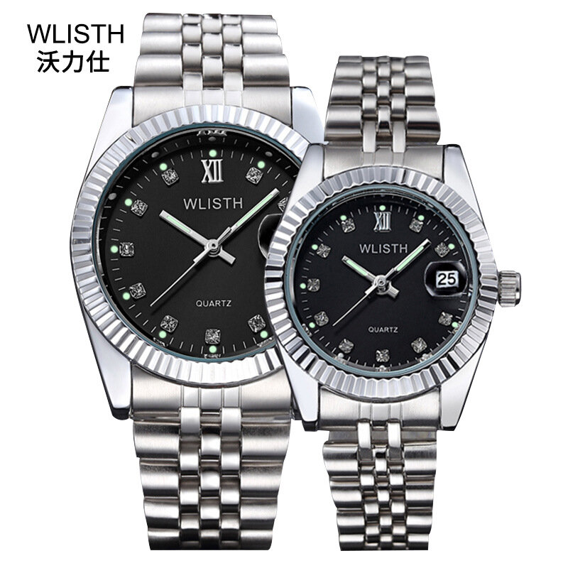 Relógio wlisth para casal com fecho dobrável, relógio esportivo unissex de quartzo em aço inoxidável com data e segurança
