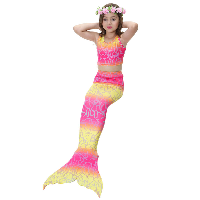 Costume da sirena di Halloween 3 pezzi ragazza regalo di compleanno per bambini Costume da sirena per ragazza coda di sirena Cosplay Bikini Set Costume da bagno per bambini