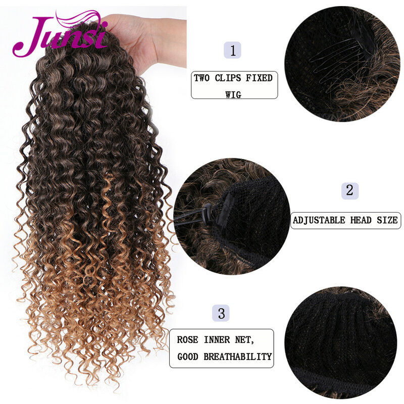 JUNSI-وصلات شعر صناعية طويلة مموجة للنساء ، شعر أسود طبيعي مع مشبك ، برباط ، ذيل حصان