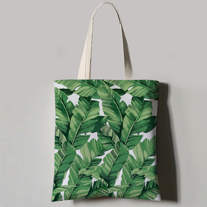 Bolso de mano con estampado de hojas de tortuga y plantas tropicales para mujer, bolsa de lona, bolso de hombro para mujer, informal, plegable, para compras al aire libre