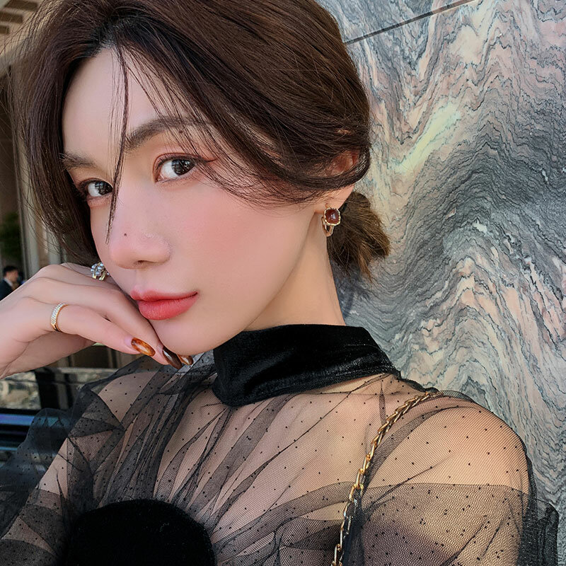 Anting-Anting Resin Amber Elegan 925 Anting-Anting Kancing Perak Mode Korea Antik Anting-Anting Merah Jaring untuk Wanita