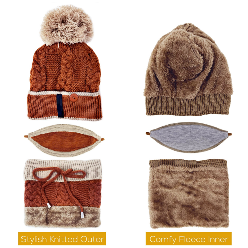 Inverno de malha conjunto pompom gorro chapéu pescoço aquecedor conjunto de 3 (máscara, chapéu, cachecol) inverno equitação moda boné