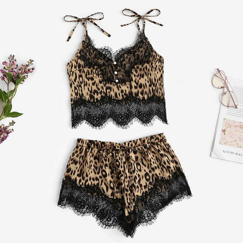 Conjunto de pijamas sexy sling sleepwear lingerie renda leopardo impressão roupa interior e shorts conjunto de pijama bayan gecelikler 2021