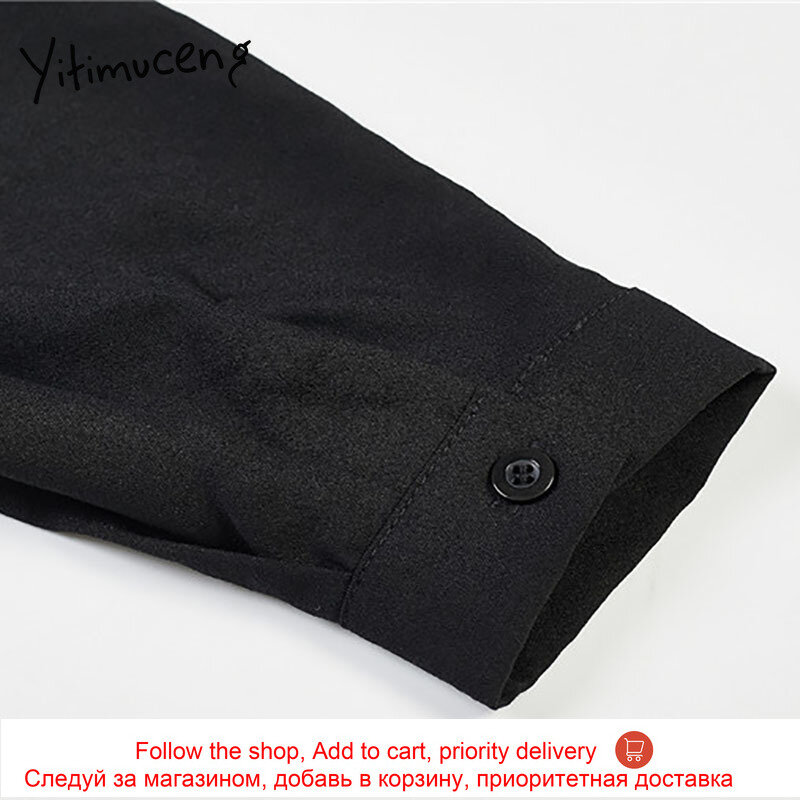 Yitimuceng assimétrico bordado blusa camisa feminina manga botão acima camisas em linha reta preto 2021 primavera nova moda casual topos
