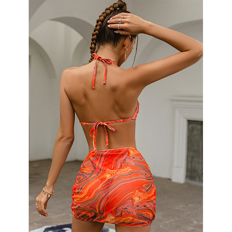Mossha 3 peças saia de malha maiô feminino halter micro biquíni 2021 cintura alta maiô sexy impressão beachwear biquini