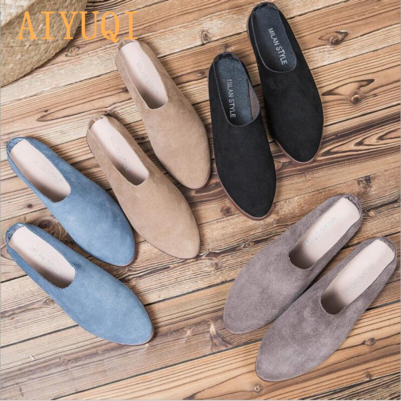 AIYUQI المرأة باوتو النعال الصيف 2021 جديد جلد طبيعي أحذية نسائية عادية كبيرة الحجم جلد الغزال النعال للسيدات