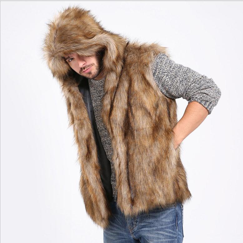 Men Winter Autumn Imitation Fur Sleeveless Jacket Hooded Large Size Male Fake Fur Vest Autumn Winter Man-Made Fur Vest K1289