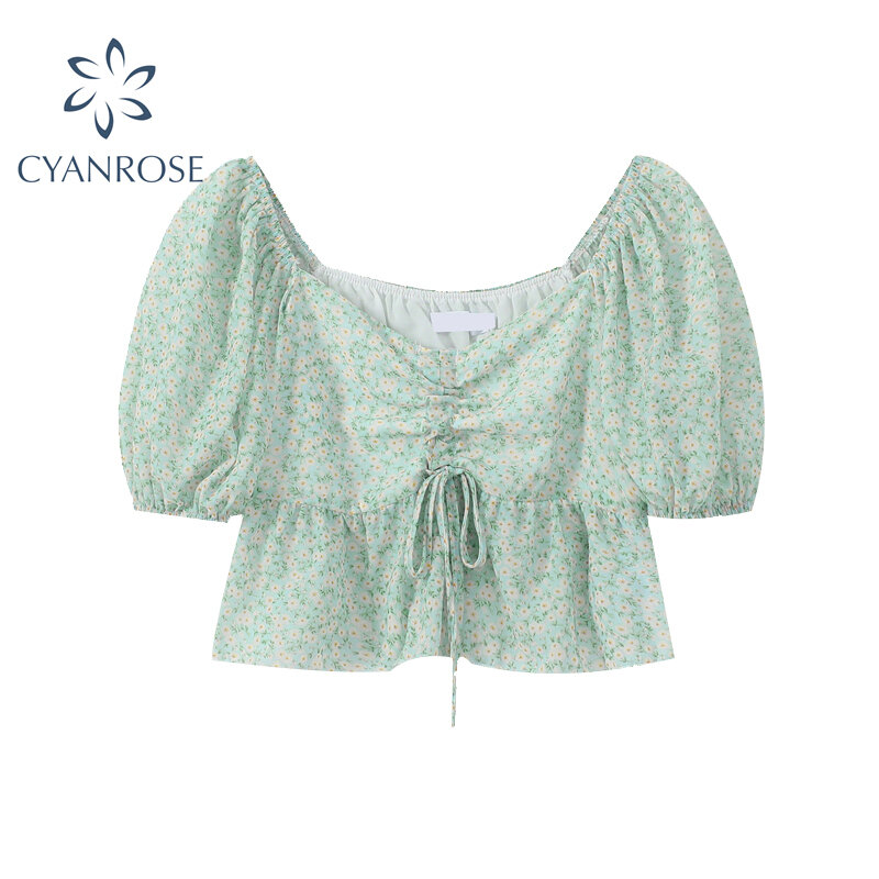 Cordão floral impressão blusa feminina francês gola quadrada manga curta camisa topos 2021 verão coreano vintage doce blusa senhora