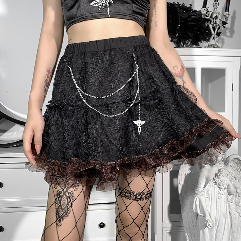 InsDoit Gothic Lolita czarna seksowna suknia balowa spódnica kobiety Streetwear Punk koronka w stylu Vintage spódnica z wysokim stanem łańcuszek moda krótkie spódniczki