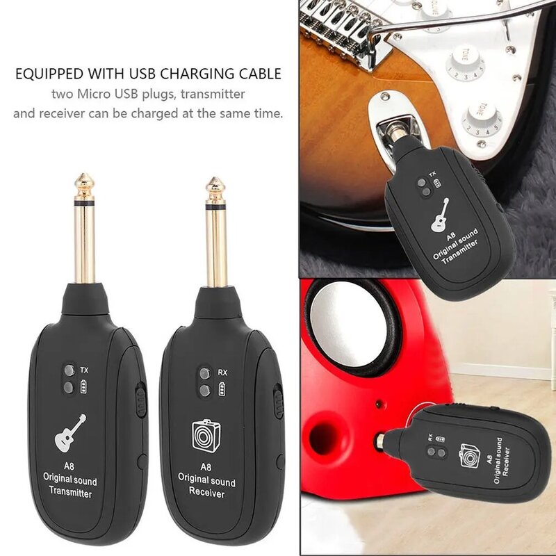 A8 UHF Wireless Guitar System Transmitter Receiver 50M UHF Guitar Wireless System Transmitter Receiver Built-in Rechargeable