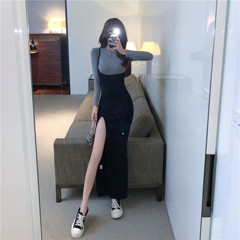 Early Autumn Slim-Fit Knitted Top + Cross Backless Split Long Suspender Skirt Two-Piece Suit