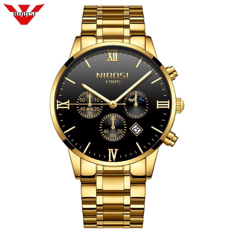 NIBOSI relojes para hombre marca de lujo impermeable banda de oro fecha reloj de cuarzo Casual de los hombres reloj de pulsera reloj deportivo Masculino