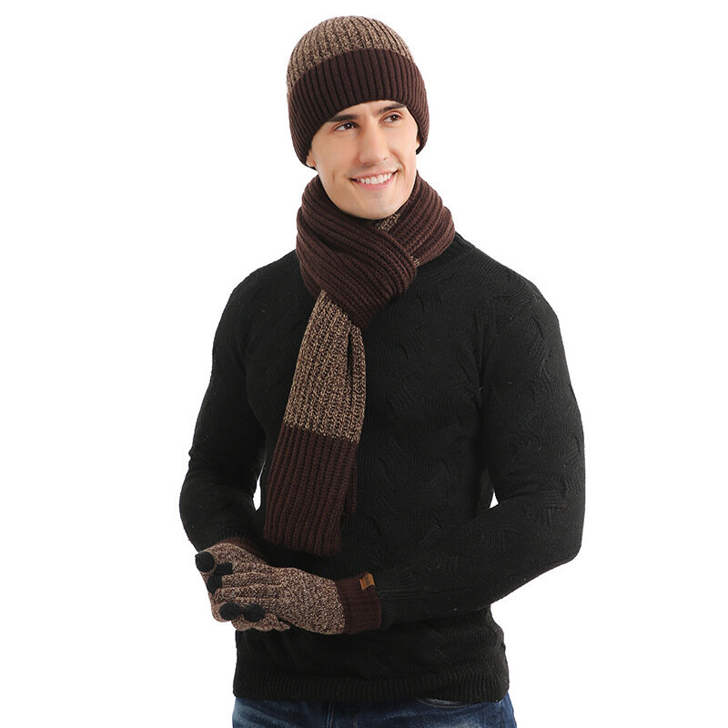가을과 겨울 두꺼운 모직 남자 모자 따뜻한 정장 새로운 남성과 여성 모자 스카프 장갑 남자를위한 3 조각 선물