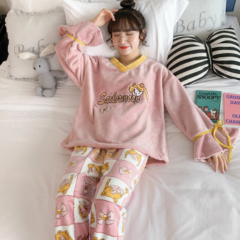 Pyjama d'automne et d'hiver pour femmes, vêtement de nuit Harajuku en velours de corail à manches longues pour jeunes filles, flanelle, noël