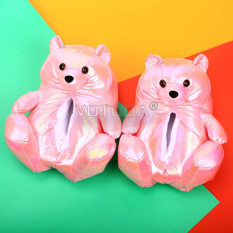 PU Teddy Bear Slippers Women Cute Animal Cartoon  Home Slipper Soft Bling Fabric Cotton House Shoes Sweet Girls Pink Bear Slide
