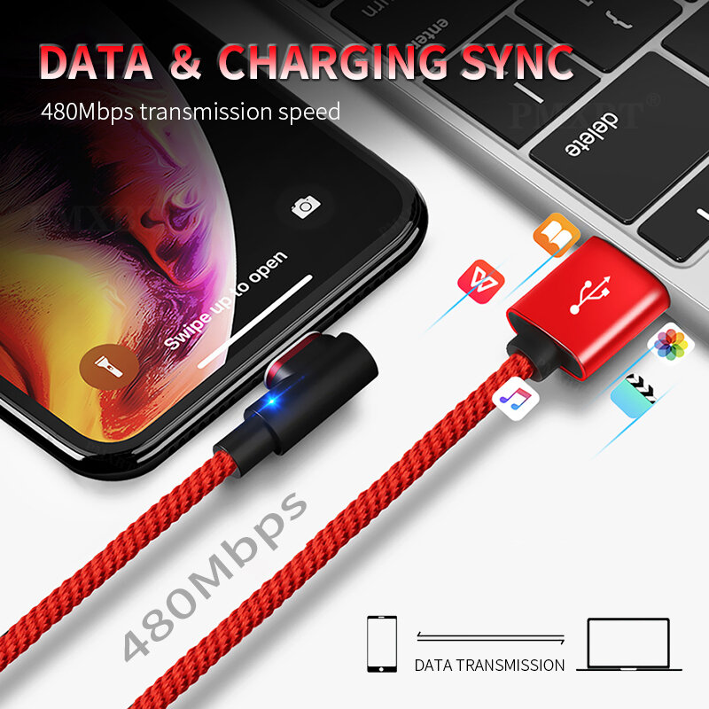 Câble Micro USB/type-c 3A magnétique 90 degrés pour recharge rapide et données, cordon de chargeur usb-c aimanté pour téléphone iphone 12/11/X et Samsung