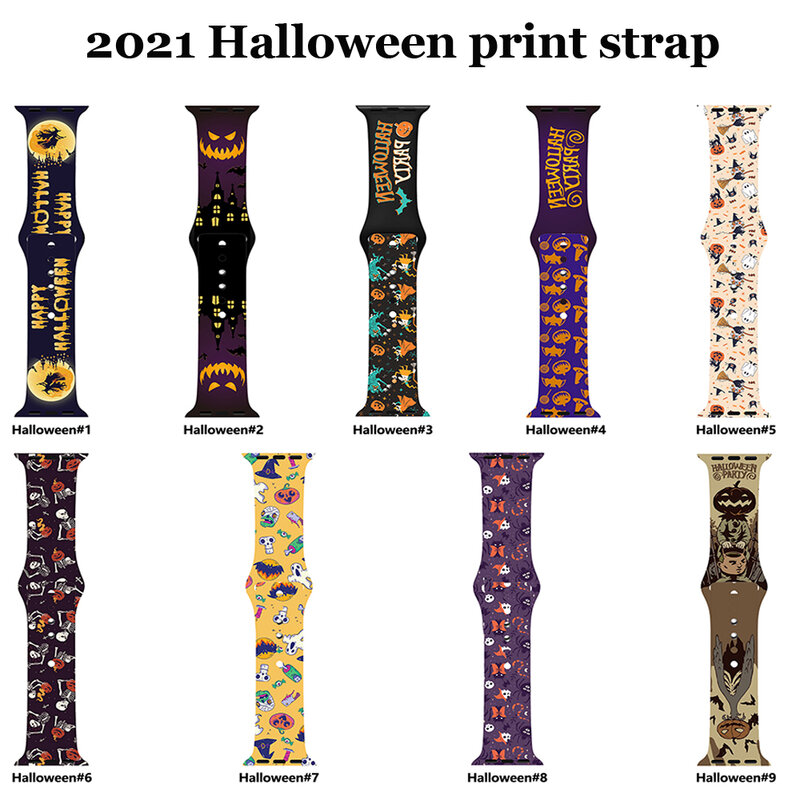 New Halloween Strap For Apple Watch Band 44mm 42mm 41mm 45mm 38mm 40mm Silicone Halloween Printed Band for iwatch 7 6 SE 5 4 3 2