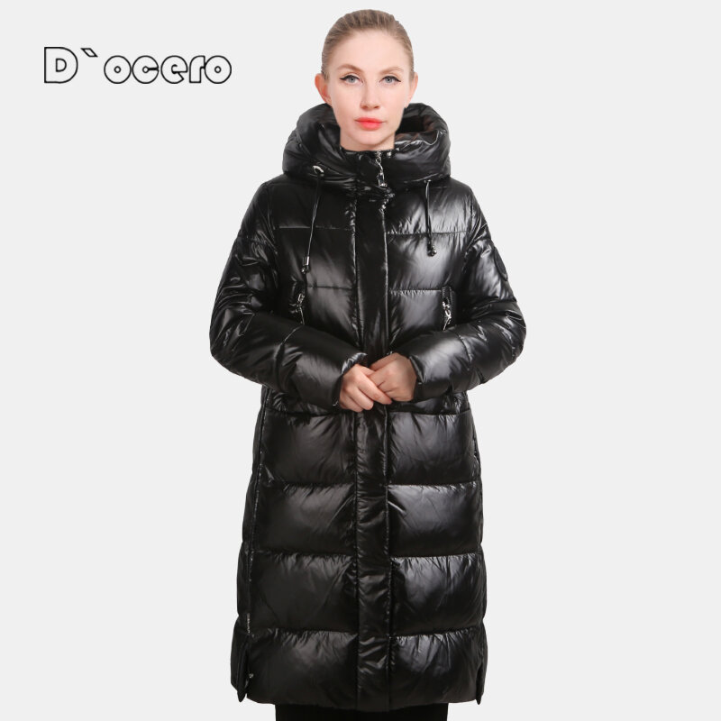 D'OCERO 2021ใหม่ฤดูหนาว Parkas ผู้หญิง Oversize ฝ้ายสีดำหญิงลงเสื้ออบอุ่นหรูหรา Quilted เสื้อโค้ท Hooded Outerwear ยาว